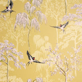 Arthouse Japanese Garden Wallpaper – Hand Drawn Oriental Trees and Birds with Pearlescent Highlights, Ochre