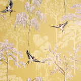 Arthouse Japanese Garden Wallpaper – Hand Drawn Oriental Trees and Birds with Pearlescent Highlights, Ochre