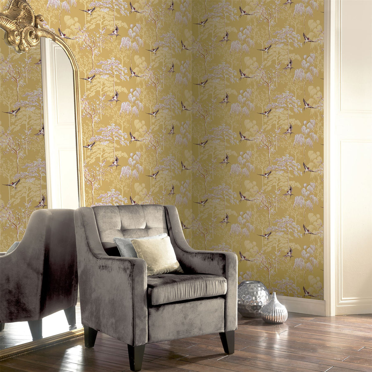 Arthouse Japanese Garden Wallpaper – Hand Drawn Oriental Trees and Birds with Pearlescent Highlights, Ochre