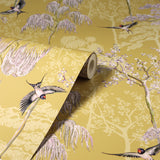 Arthouse Japanese Garden Wallpaper – Hand Drawn Oriental Trees and Birds with Pearlescent Highlights, Ochre