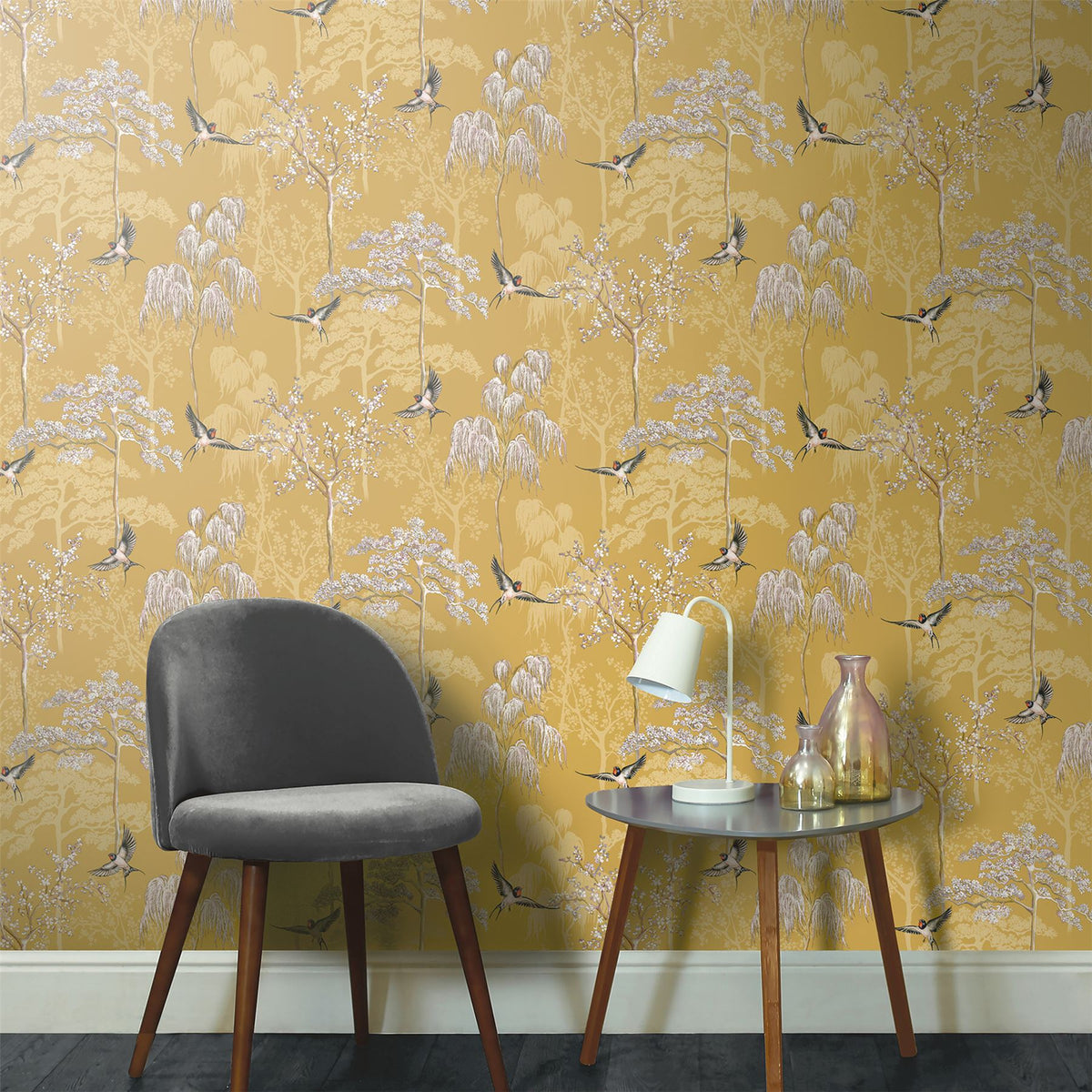 Arthouse Japanese Garden Wallpaper – Hand Drawn Oriental Trees and Birds with Pearlescent Highlights, Ochre