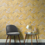 Arthouse Japanese Garden Wallpaper – Hand Drawn Oriental Trees and Birds with Pearlescent Highlights, Ochre