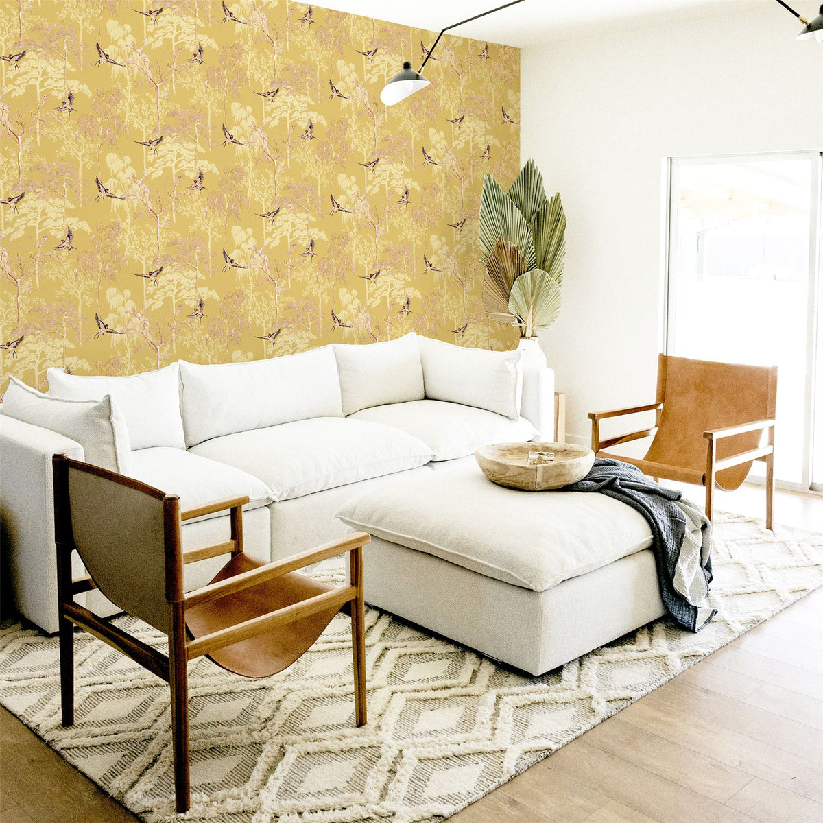 Arthouse Japanese Garden Wallpaper – Hand Drawn Oriental Trees and Birds with Pearlescent Highlights, Ochre