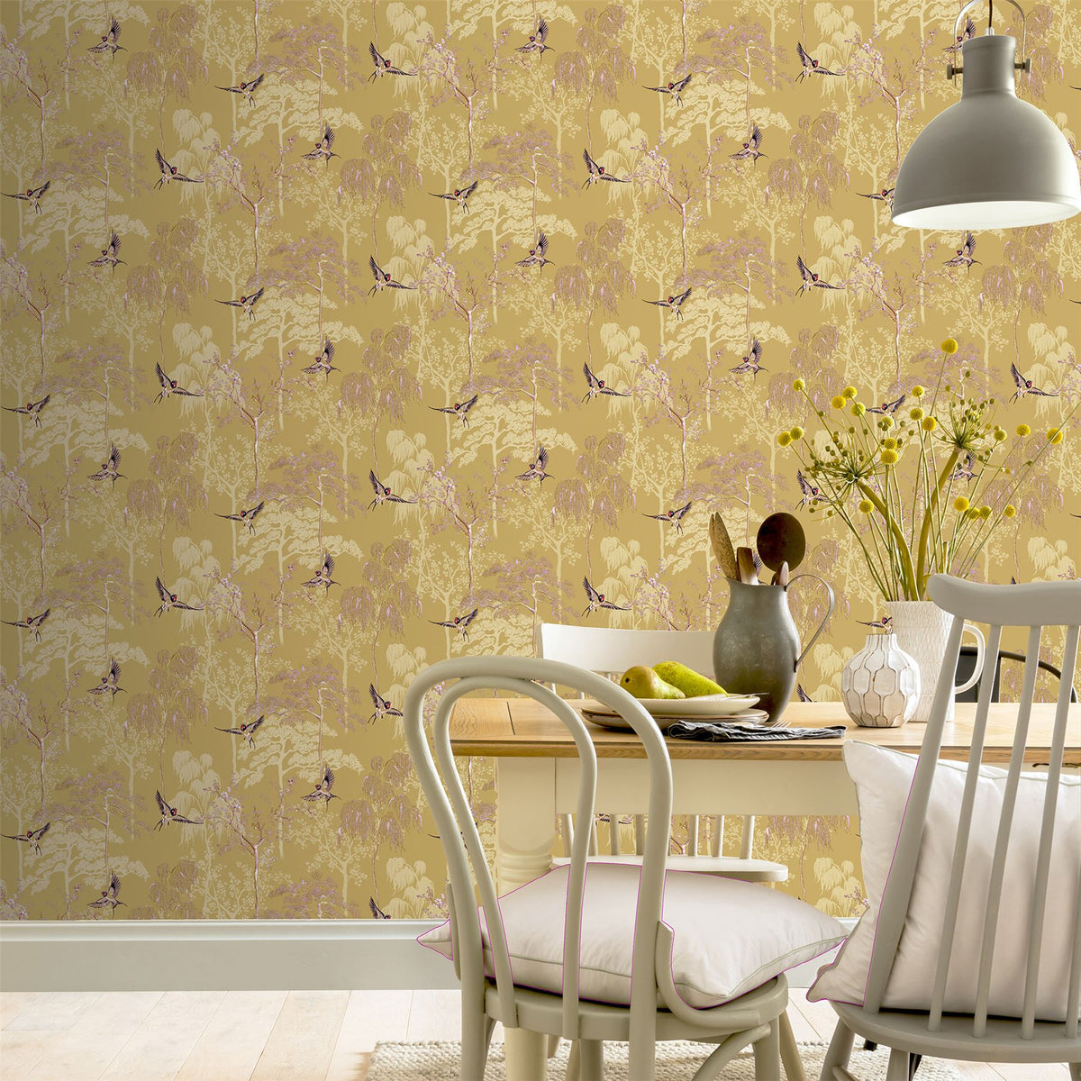 Arthouse Japanese Garden Wallpaper – Hand Drawn Oriental Trees and Birds with Pearlescent Highlights, Ochre