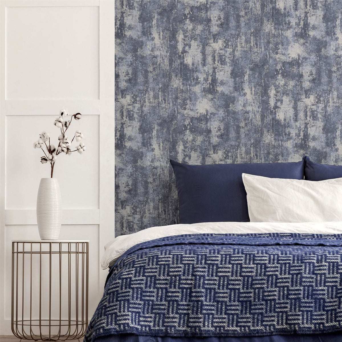 Arthouse Stone Textures Wallpaper with Metallic Highlights – Feature Wall Covering, Navy & Silver