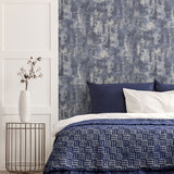 Arthouse Stone Textures Wallpaper with Metallic Highlights – Feature Wall Covering, Navy & Silver