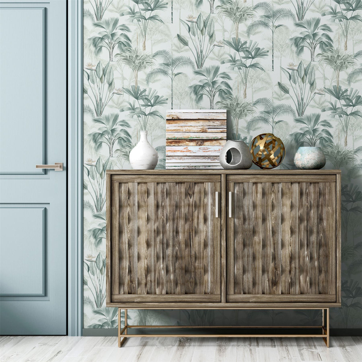 Arthouse King Palm Tropical Wallpaper with Palms & Birds of Paradise – Feature Wall Covering, Green