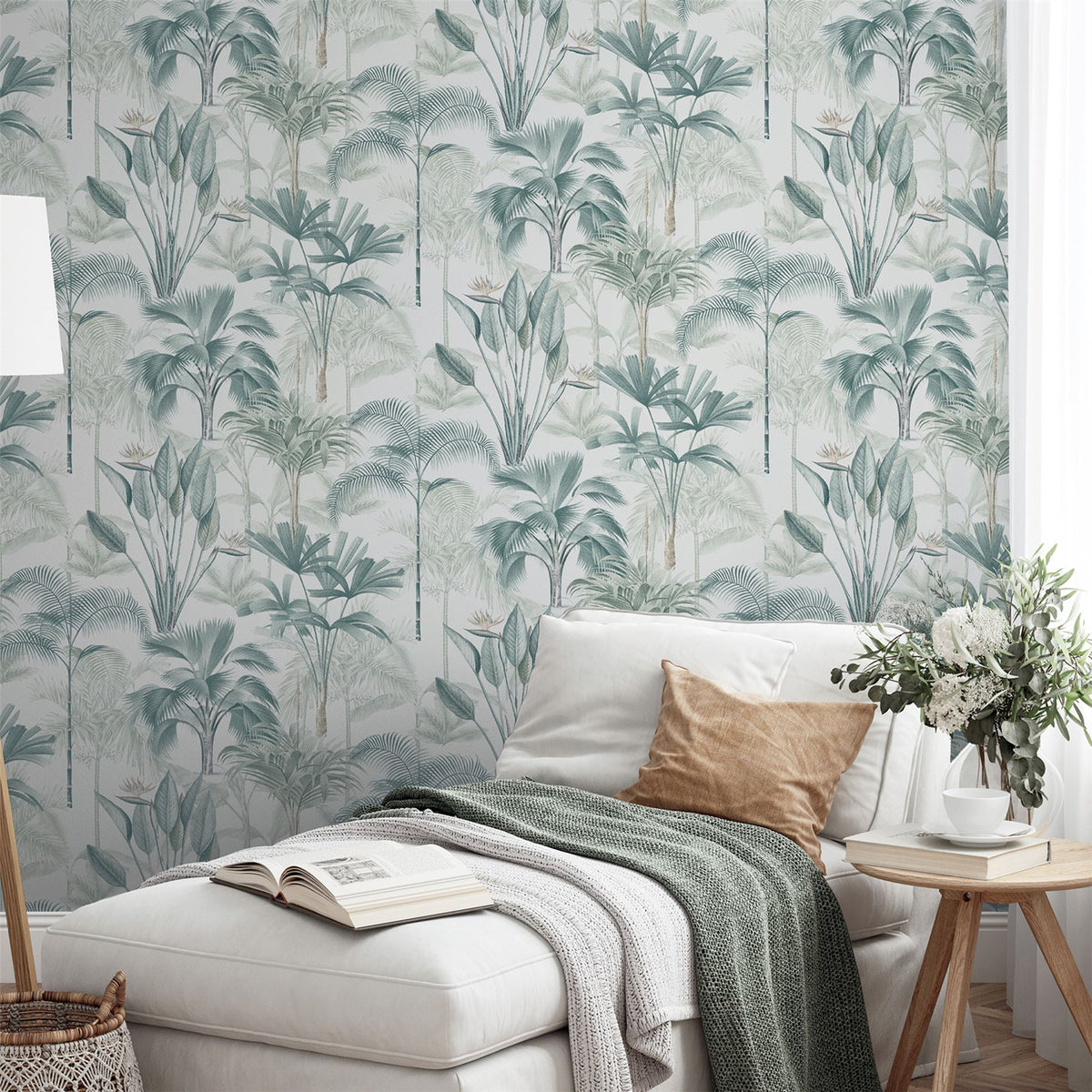 Arthouse King Palm Tropical Wallpaper with Palms & Birds of Paradise – Feature Wall Covering, Green