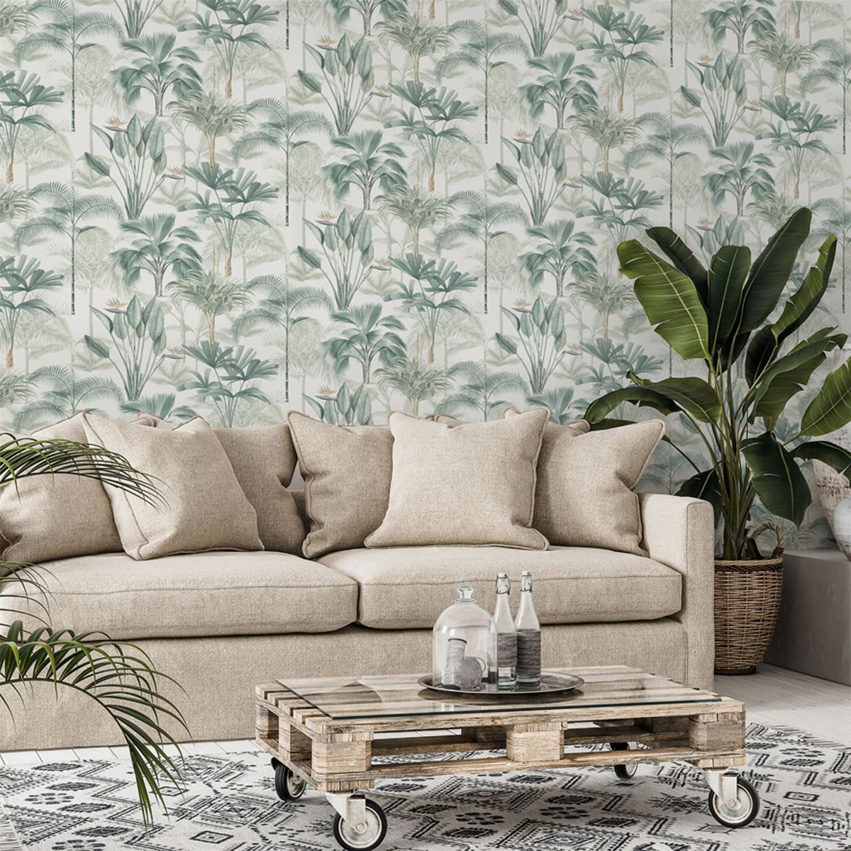 Arthouse King Palm Tropical Wallpaper with Palms & Birds of Paradise – Feature Wall Covering, Green