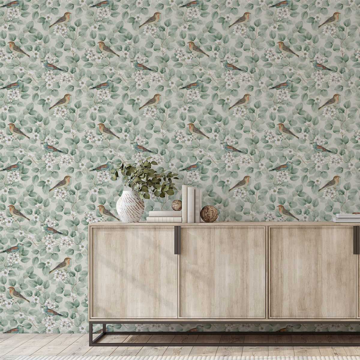 Arthouse Birds & Blossoms Vintage-Style Wallpaper – Paste the Paper Floral Feature Wall Covering, Green