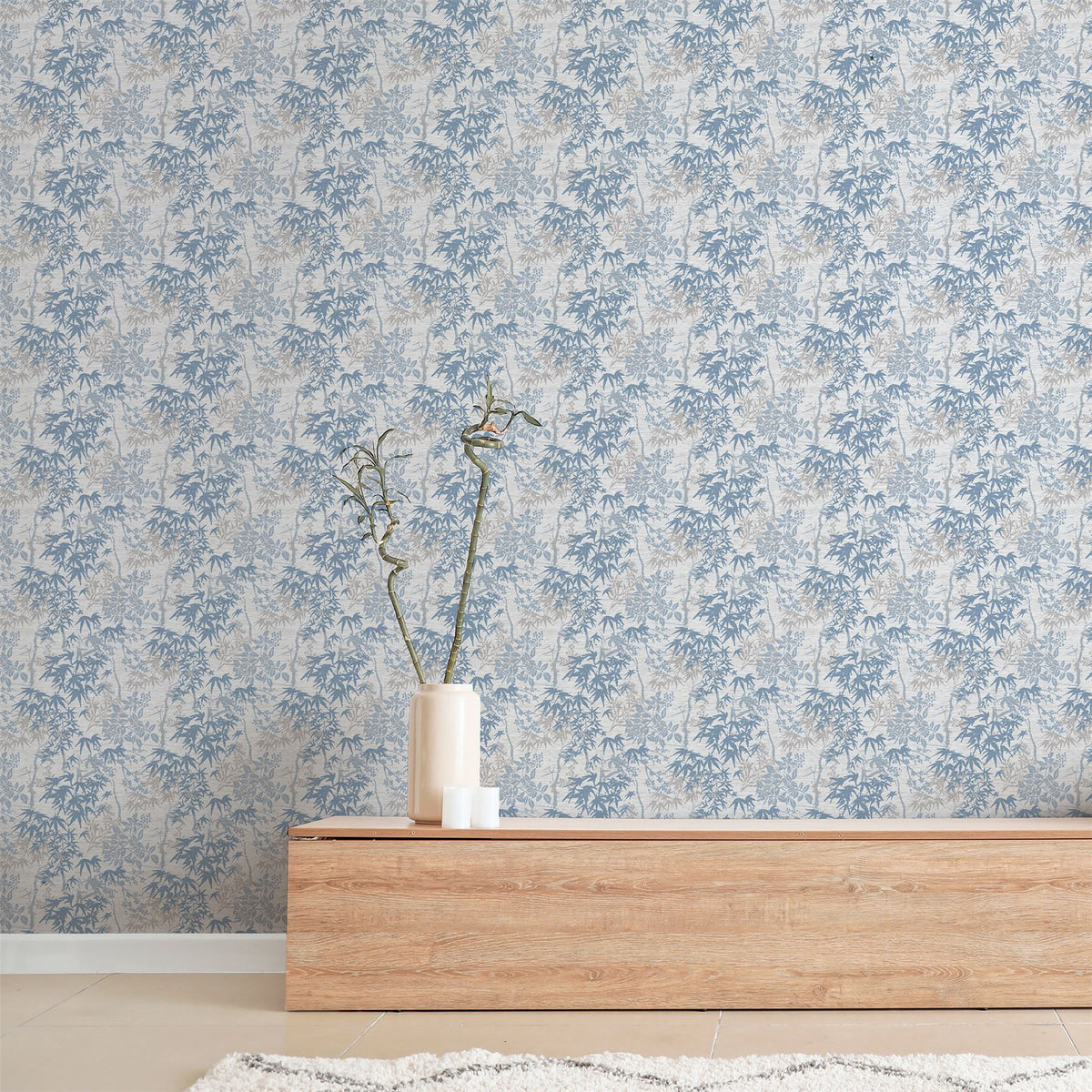 Arthouse Orient Tree Oriental Leaf Wallpaper with Watercolour Style – Feature Wall, Chalk Blue Grey