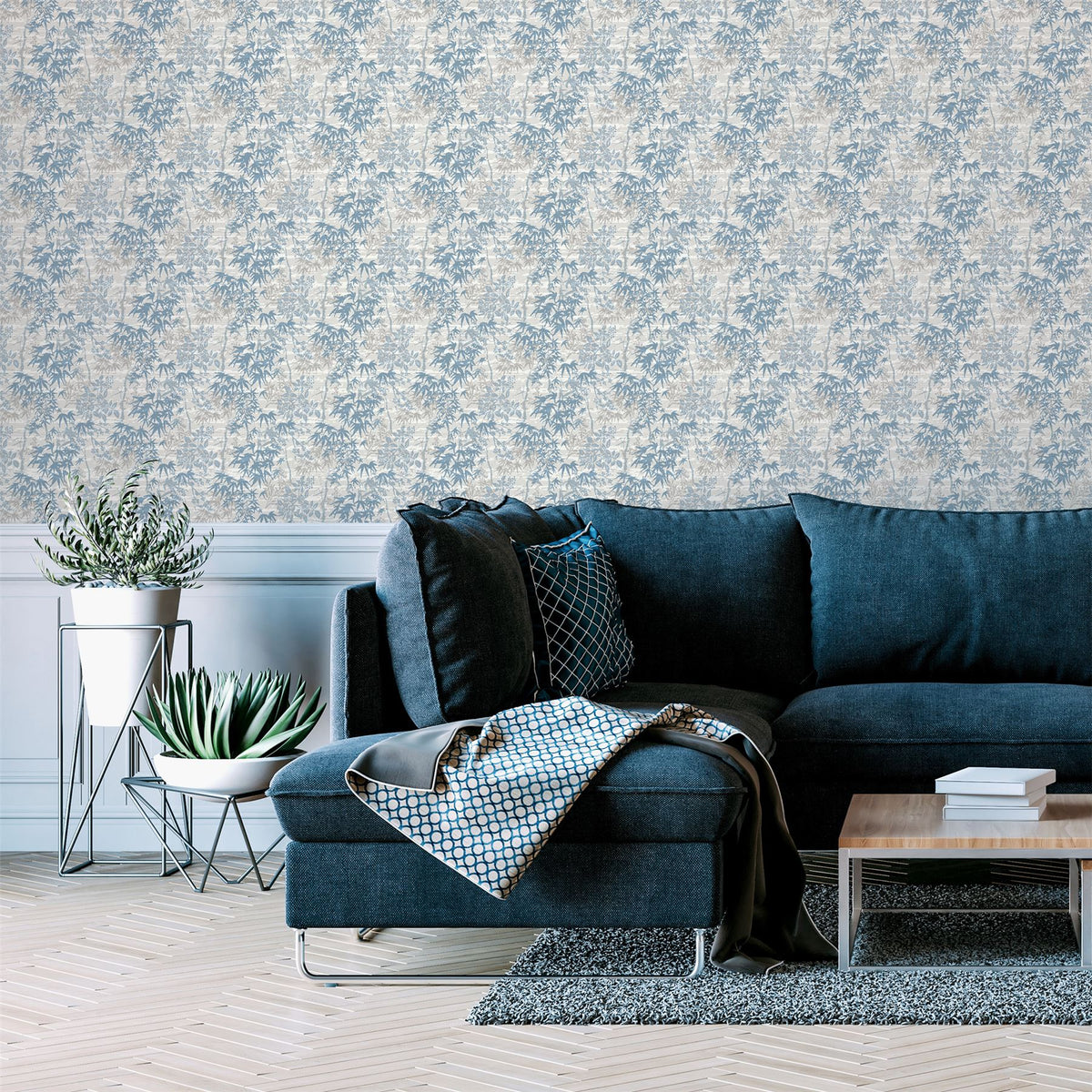 Arthouse Orient Tree Oriental Leaf Wallpaper with Watercolour Style – Feature Wall, Chalk Blue Grey