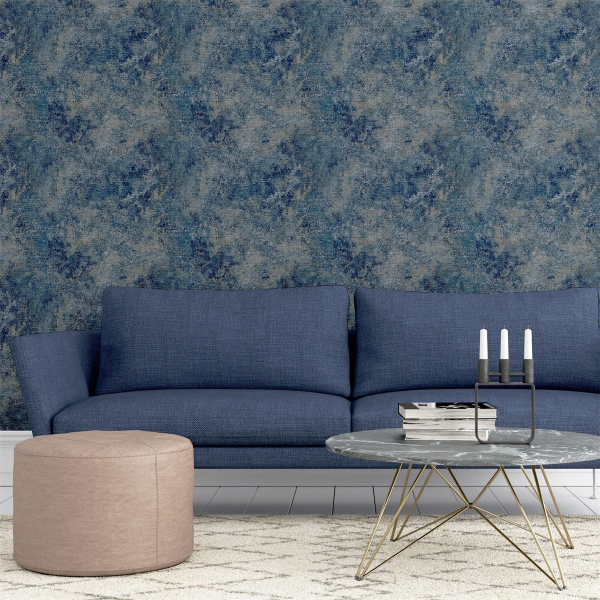Arthouse Modern Raffia Grass Cloth Textured Wallpaper – Industrial Wall Covering, Navy & Natural