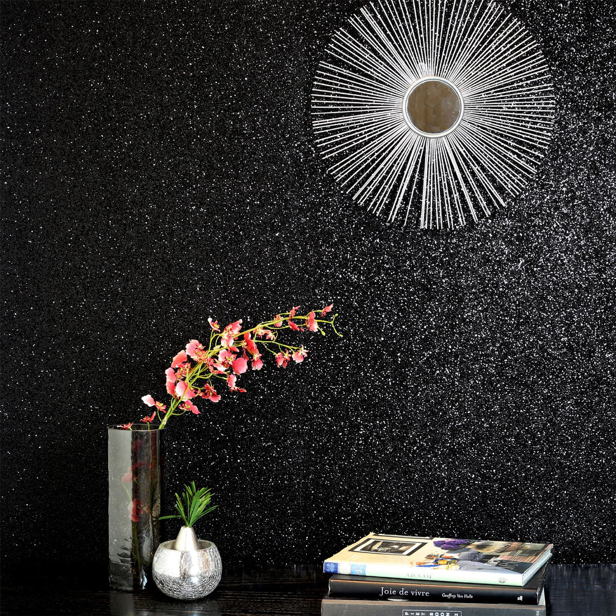 Arthouse Sequin Sparkle Wallpaper with Textured Metallic Finish – Paste the Wall Glitz Wall Covering, Black