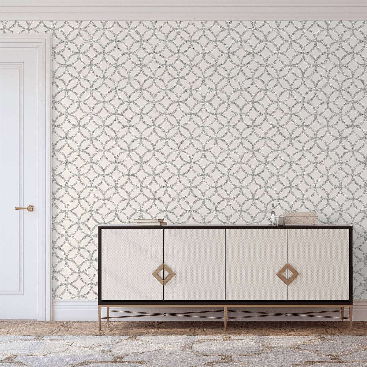 Arthouse Sequin Geo Wallpaper with Real Glitter – Paste the Wall Sparkly Feature Wall Covering, White & Silver