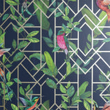 Arthouse Deco Tropical Wallpaper – Navy Blue with Gold Metallic Art Deco Pattern, Tropical Leaves & Birds