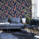 Arthouse Deco Tropical Wallpaper – Navy Blue with Gold Metallic Art Deco Pattern, Tropical Leaves & Birds