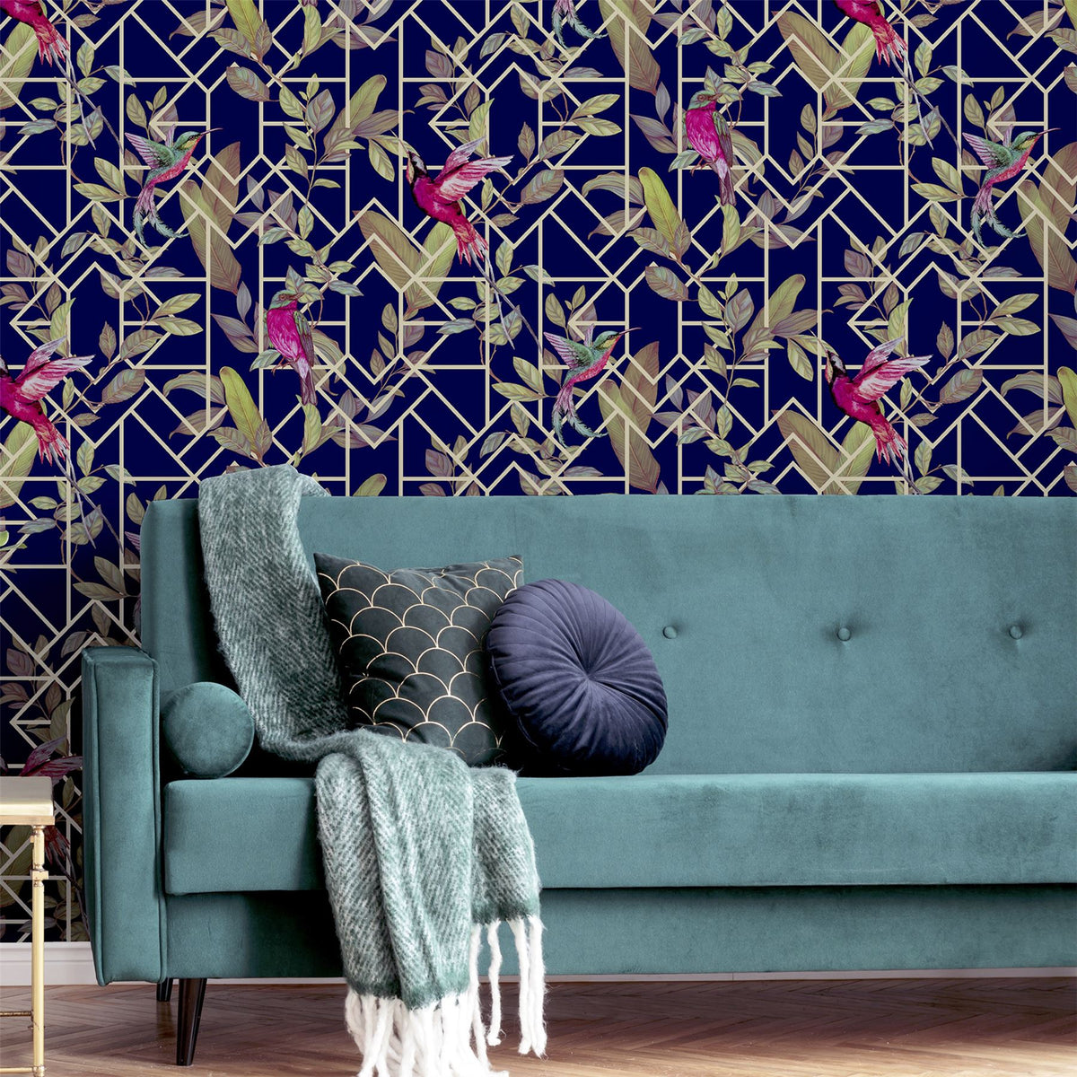 Arthouse Deco Tropical Wallpaper – Navy Blue with Gold Metallic Art Deco Pattern, Tropical Leaves & Birds