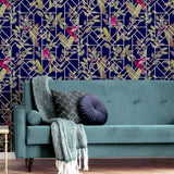 Arthouse Deco Tropical Wallpaper – Navy Blue with Gold Metallic Art Deco Pattern, Tropical Leaves & Birds