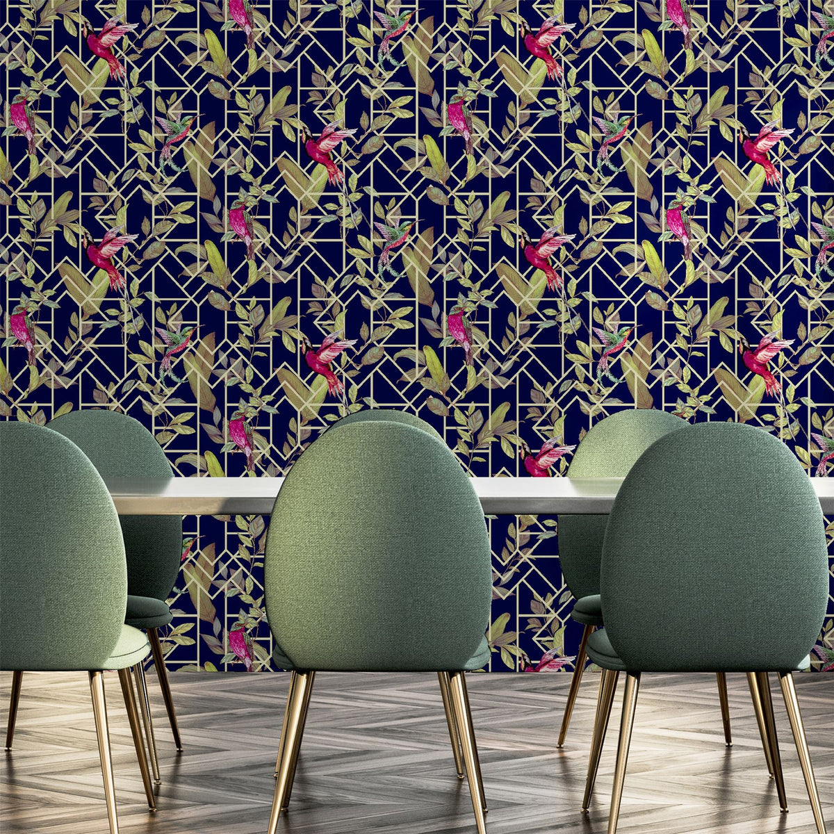 Arthouse Deco Tropical Wallpaper – Navy Blue with Gold Metallic Art Deco Pattern, Tropical Leaves & Birds
