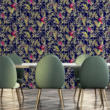 Arthouse Deco Tropical Wallpaper – Navy Blue with Gold Metallic Art Deco Pattern, Tropical Leaves & Birds