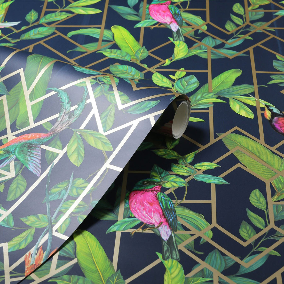 Arthouse Deco Tropical Wallpaper – Navy Blue with Gold Metallic Art Deco Pattern, Tropical Leaves & Birds