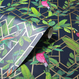 Arthouse Deco Tropical Wallpaper – Navy Blue with Gold Metallic Art Deco Pattern, Tropical Leaves & Birds