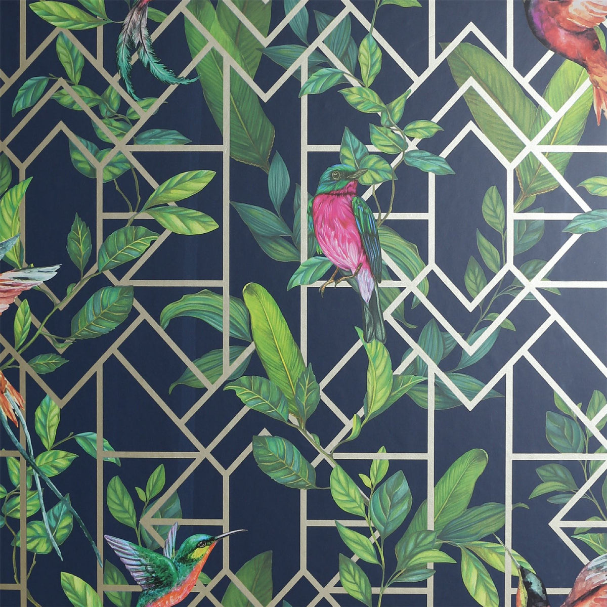Arthouse Deco Tropical Wallpaper – Navy Blue with Gold Metallic Art Deco Pattern, Tropical Leaves & Birds