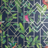 Arthouse Deco Tropical Wallpaper – Navy Blue with Gold Metallic Art Deco Pattern, Tropical Leaves & Birds