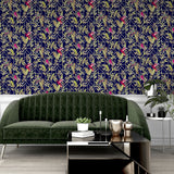 Arthouse Deco Tropical Wallpaper – Navy Blue with Gold Metallic Art Deco Pattern, Tropical Leaves & Birds