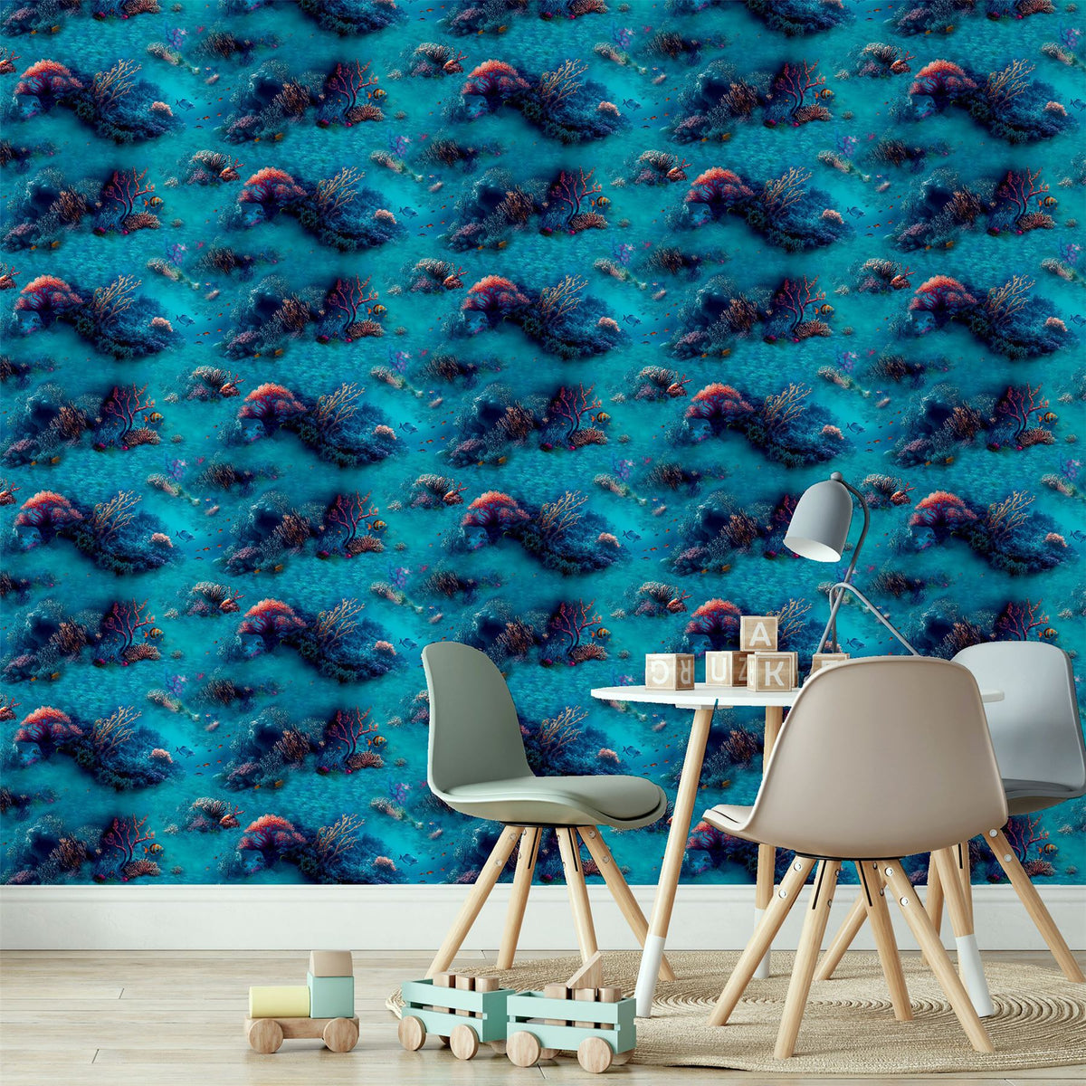 Arthouse Under The Sea Wallpaper – Fantasy Style with Colourful Fish & Corals on Blue, Kids Room
