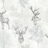 Arthouse Etched Stag Wallpaper – Line Drawings & Elegant Script with Metallic Accent, Textured Mono Finish
