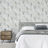 Arthouse Etched Stag Wallpaper – Line Drawings & Elegant Script with Metallic Accent, Textured Mono Finish
