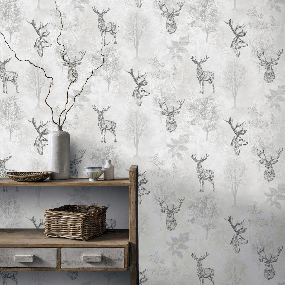 Arthouse Etched Stag Wallpaper – Line Drawings & Elegant Script with Metallic Accent, Textured Mono Finish