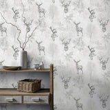 Arthouse Etched Stag Wallpaper – Line Drawings & Elegant Script with Metallic Accent, Textured Mono Finish