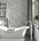Arthouse Etched Stag Wallpaper – Line Drawings & Elegant Script with Metallic Accent, Textured Mono Finish