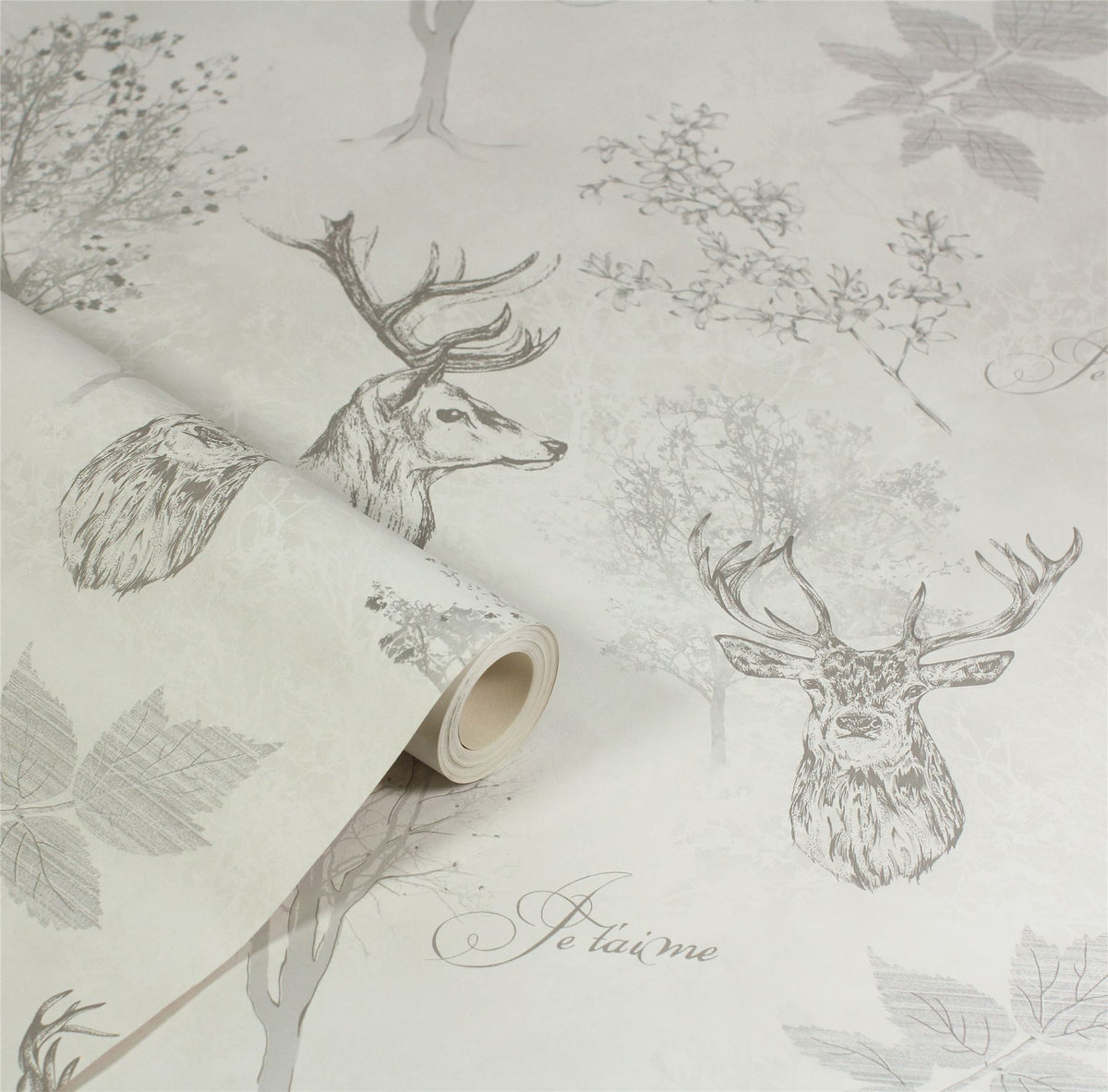 Arthouse Etched Stag Wallpaper – Line Drawings & Elegant Script with Metallic Accent, Textured Mono Finish