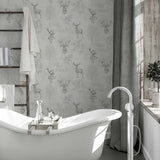Arthouse Etched Stag Wallpaper – Line Drawings & Elegant Script with Metallic Accent, Textured Mono Finish