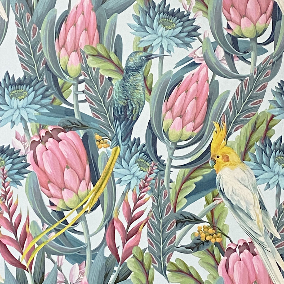 Arthouse Rainforest Escape Vinyl Wallpaper – Tropical Foliage & Pink Flowers on Light Background