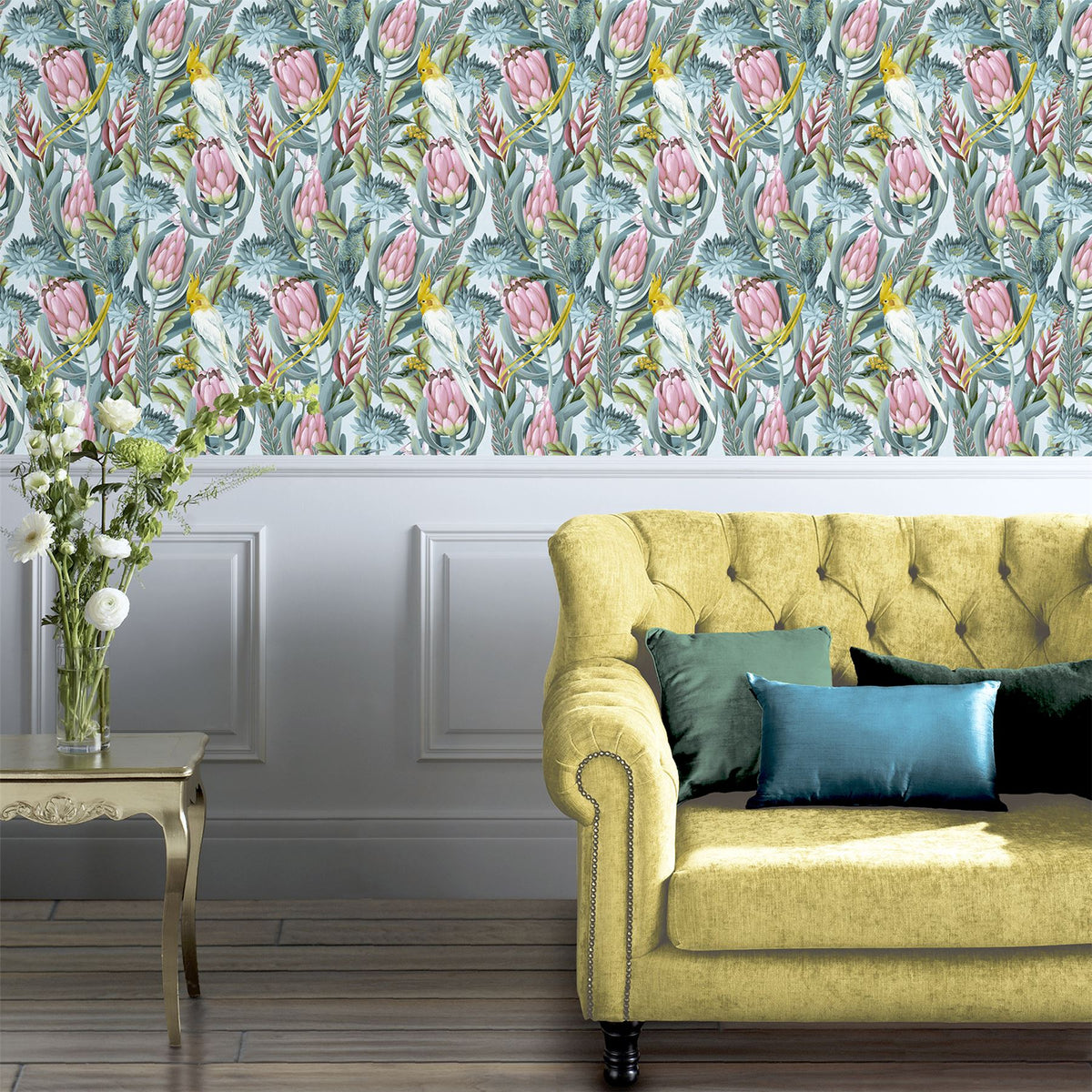 Arthouse Rainforest Escape Vinyl Wallpaper – Tropical Foliage & Pink Flowers on Light Background