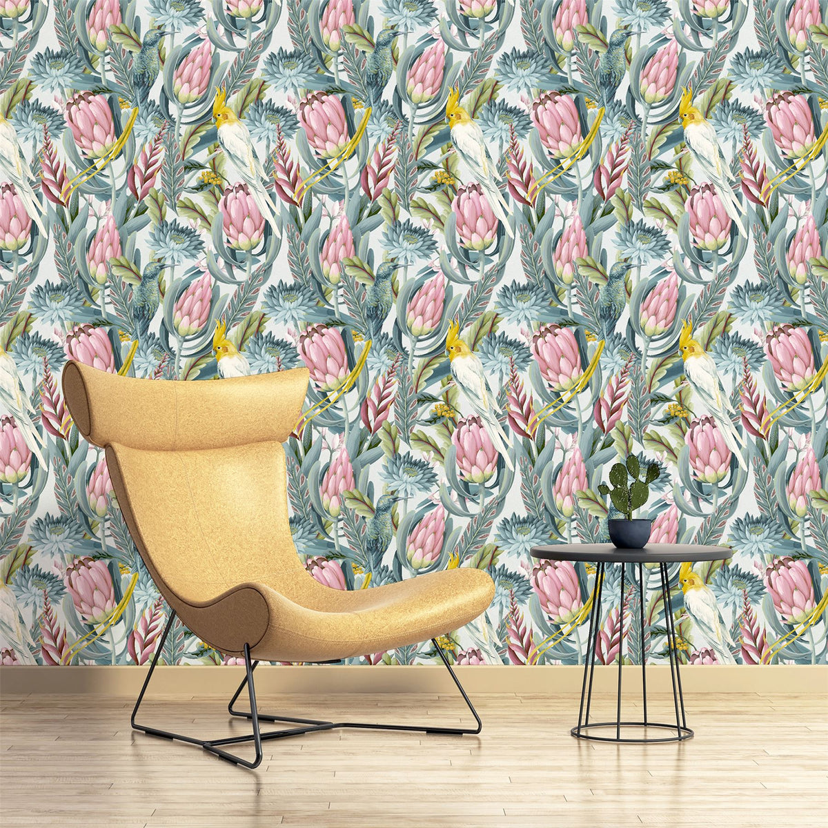 Arthouse Rainforest Escape Vinyl Wallpaper – Tropical Foliage & Pink Flowers on Light Background