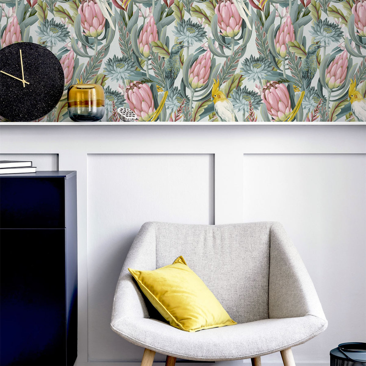 Arthouse Rainforest Escape Vinyl Wallpaper – Tropical Foliage & Pink Flowers on Light Background