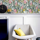 Arthouse Rainforest Escape Vinyl Wallpaper – Tropical Foliage & Pink Flowers on Light Background