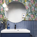 Arthouse Rainforest Escape Vinyl Wallpaper – Tropical Foliage & Pink Flowers on Light Background