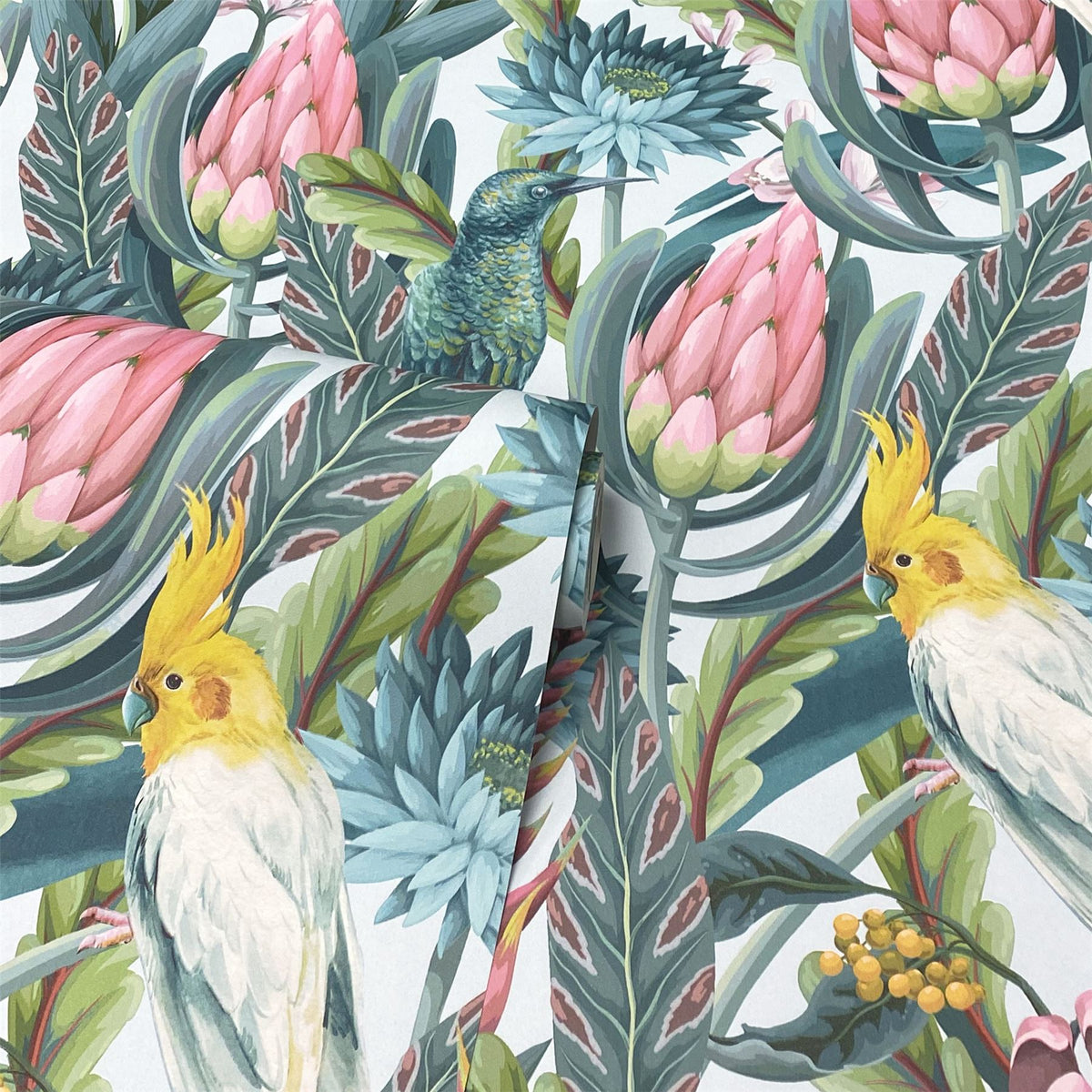 Arthouse Rainforest Escape Vinyl Wallpaper – Tropical Foliage & Pink Flowers on Light Background