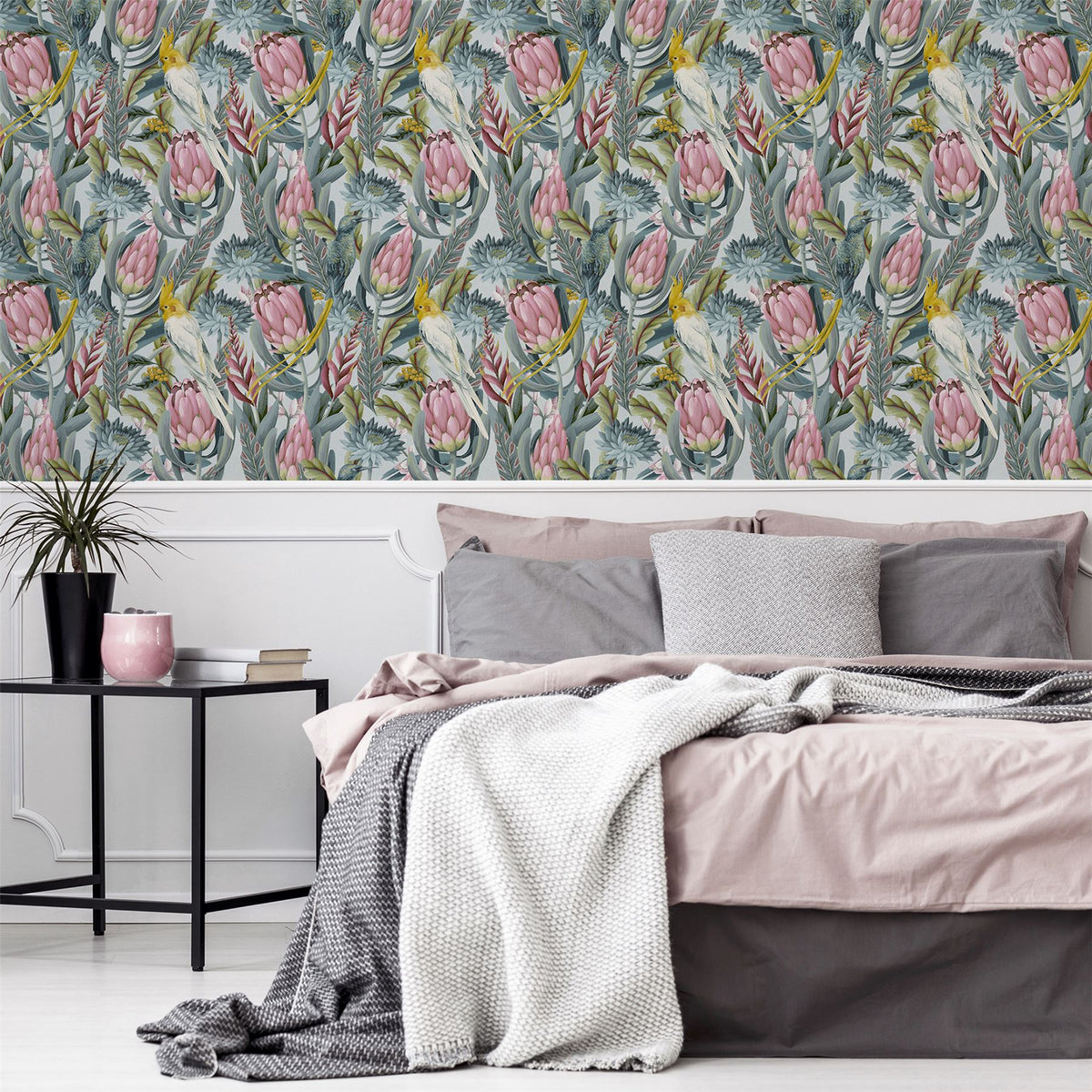 Arthouse Rainforest Escape Vinyl Wallpaper – Tropical Foliage & Pink Flowers on Light Background