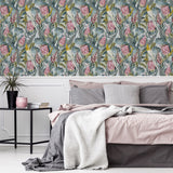 Arthouse Rainforest Escape Vinyl Wallpaper – Tropical Foliage & Pink Flowers on Light Background