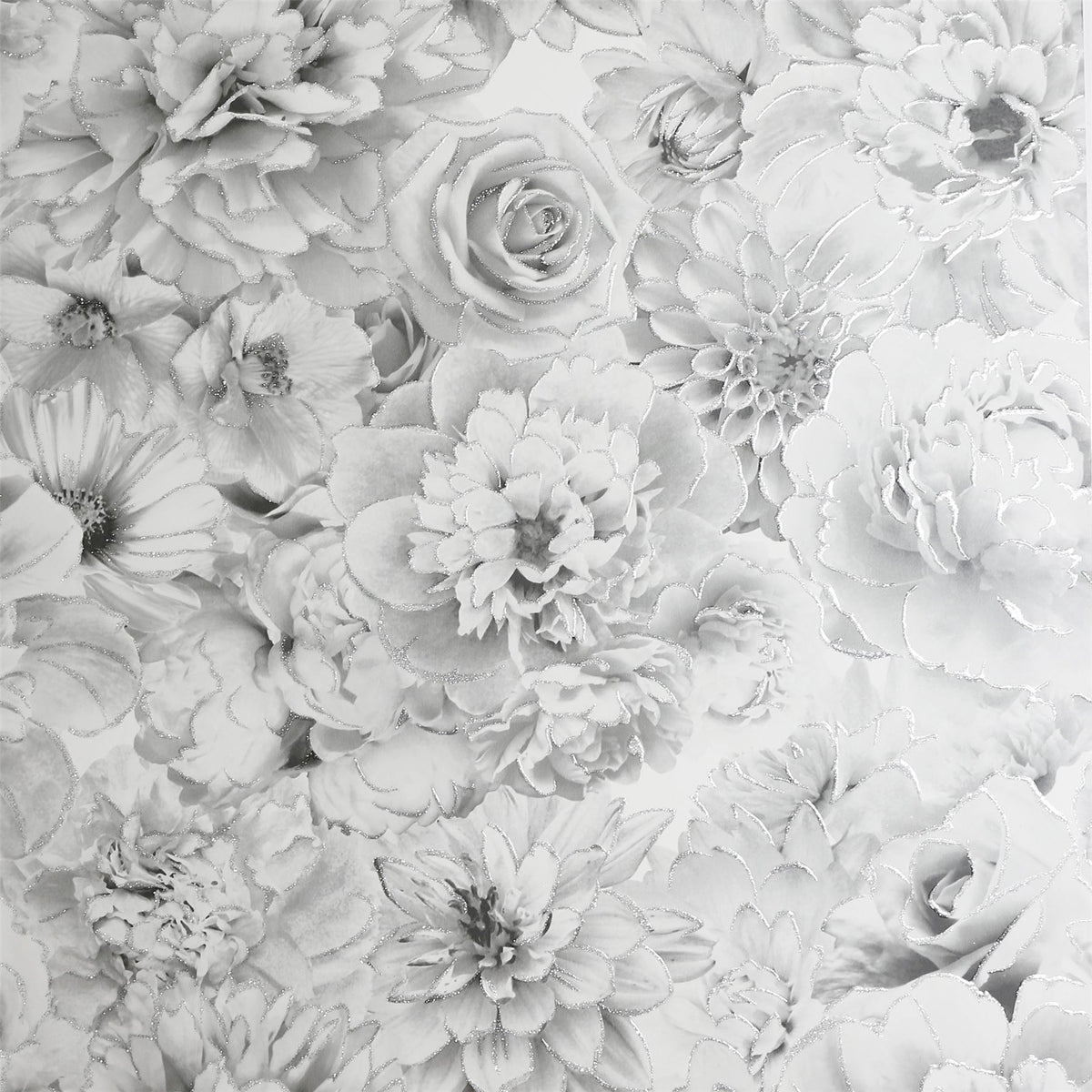 Arthouse Glitter Bloom Wallpaper – Large-Scale Monochrome Floral with Encased Glitter, Silver