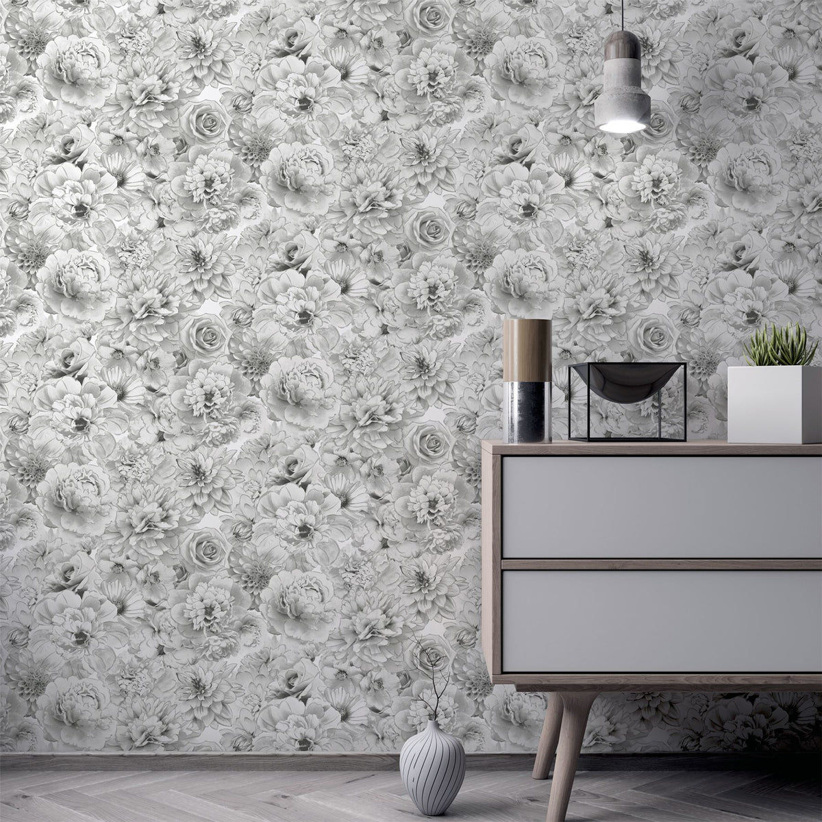 Arthouse Glitter Bloom Wallpaper – Large-Scale Monochrome Floral with Encased Glitter, Silver
