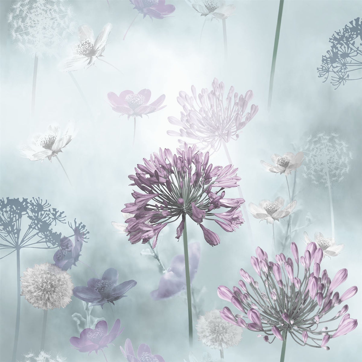 Arthouse Spring Meadow Wallpaper – Large-Scale Floral Photographic Print, Duck Egg Blue, Smooth Matt Finish